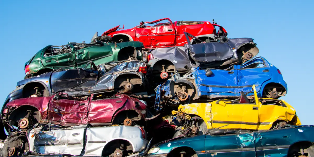 voitures empilées dans une casse automobile